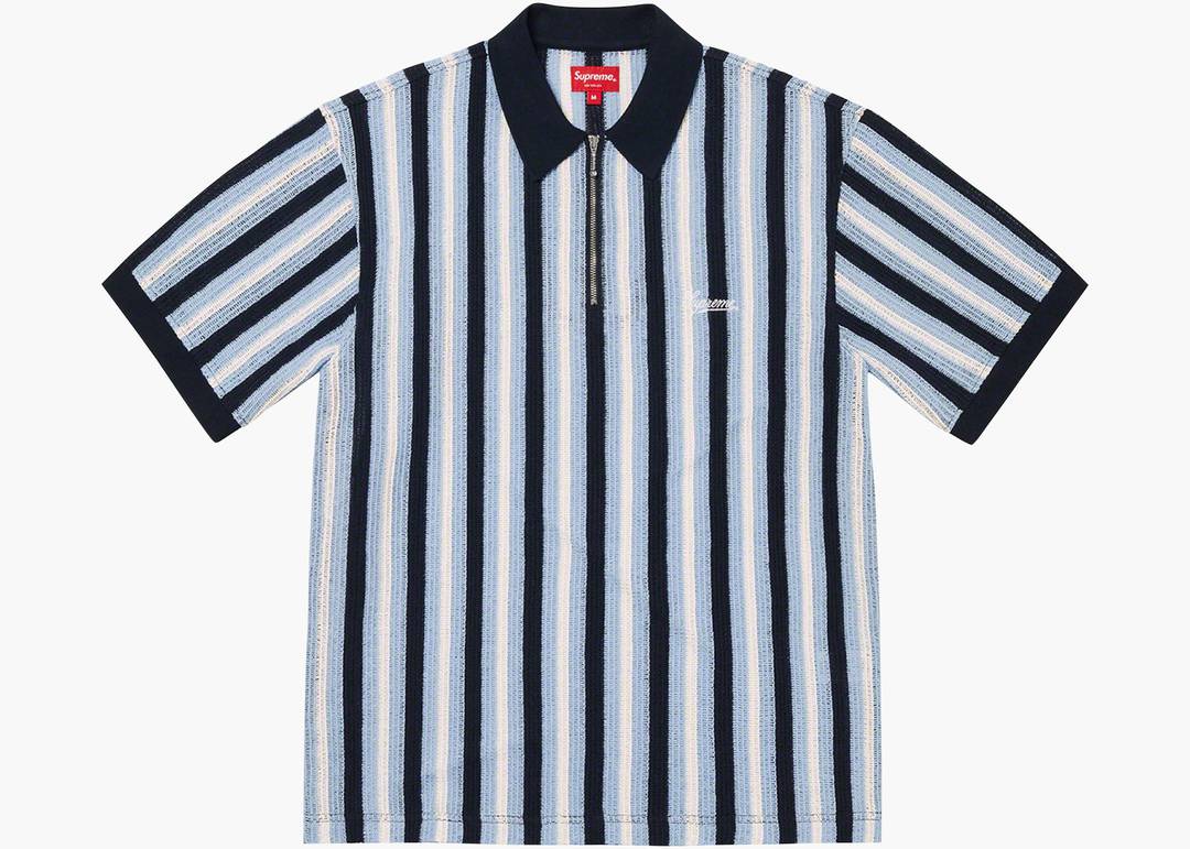 Supreme Open Knit Stripe Zip Polo Navy | Hype Clothinga