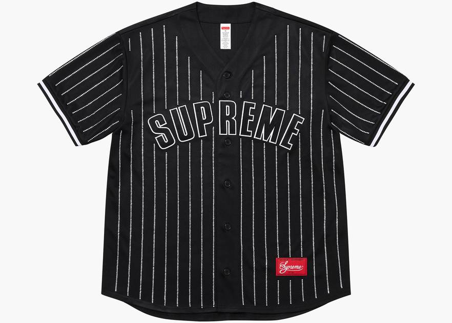 Supreme Rhinestone Stripe Baseball Jersey Black | Hype Clothinga