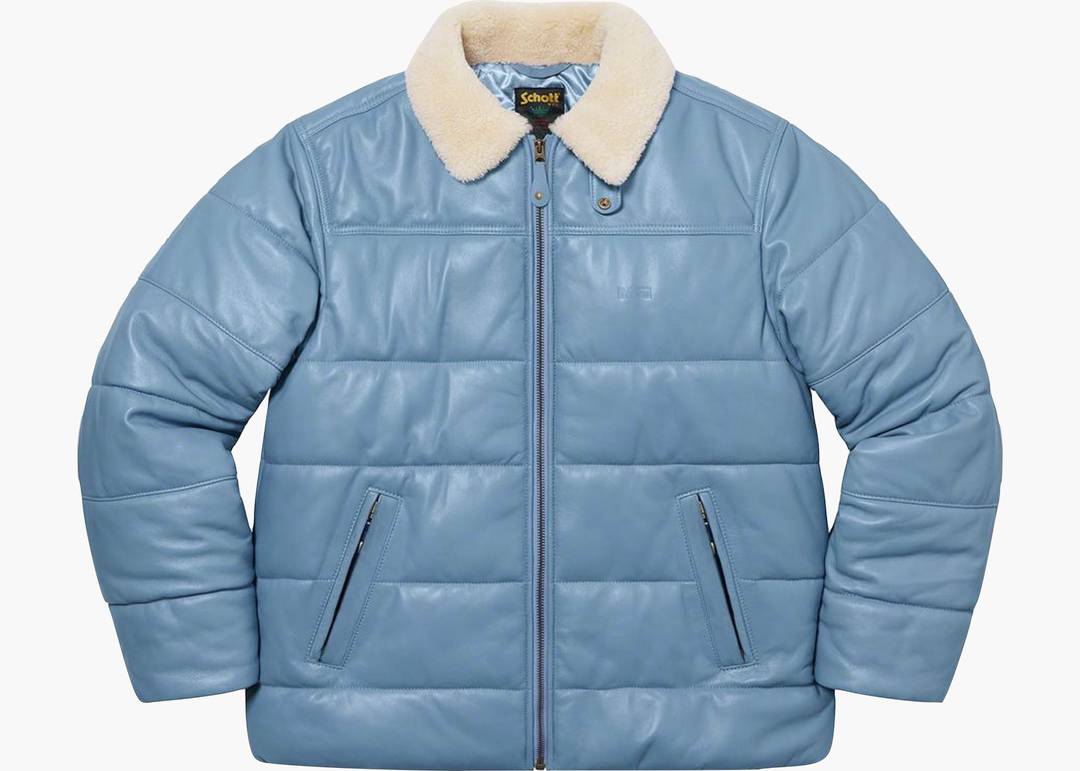 Supreme Schott Shearling Collar Leather Puffy Jacket Light Blue