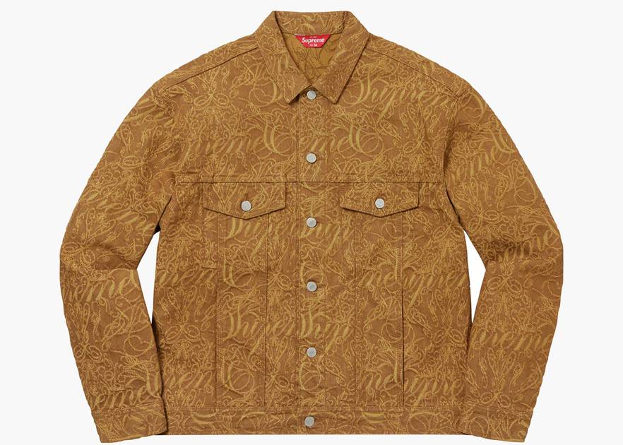 Supreme Script Jacquard Denim Trucker Jacket Brown | Hype Clothinga