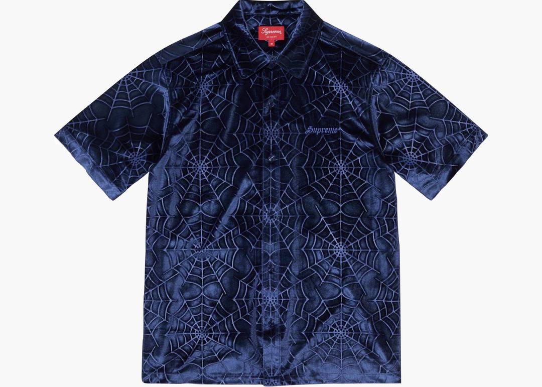 Supreme Spider Web Velvet S/S Shirt Navy | Hype Clothinga