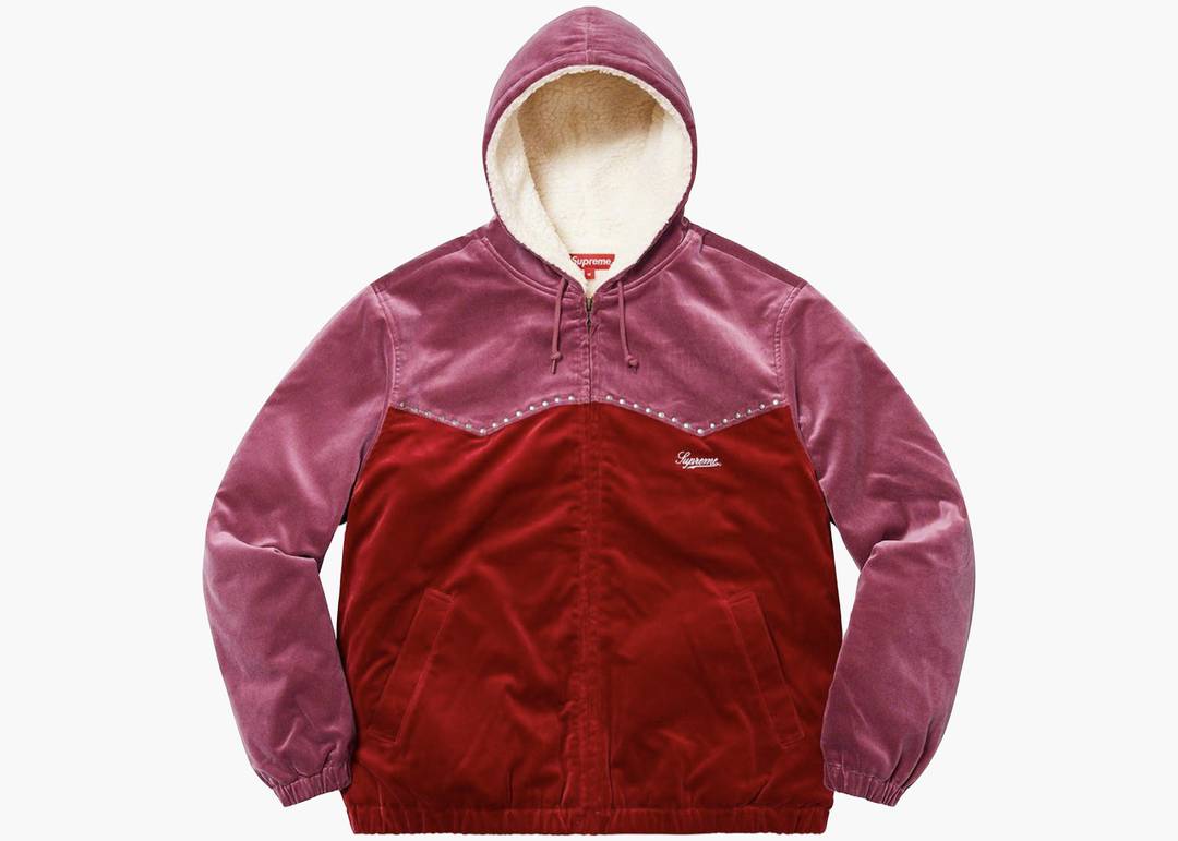 Supreme Studded Velvet Hooded Work Jacket Red | Hype Clothinga