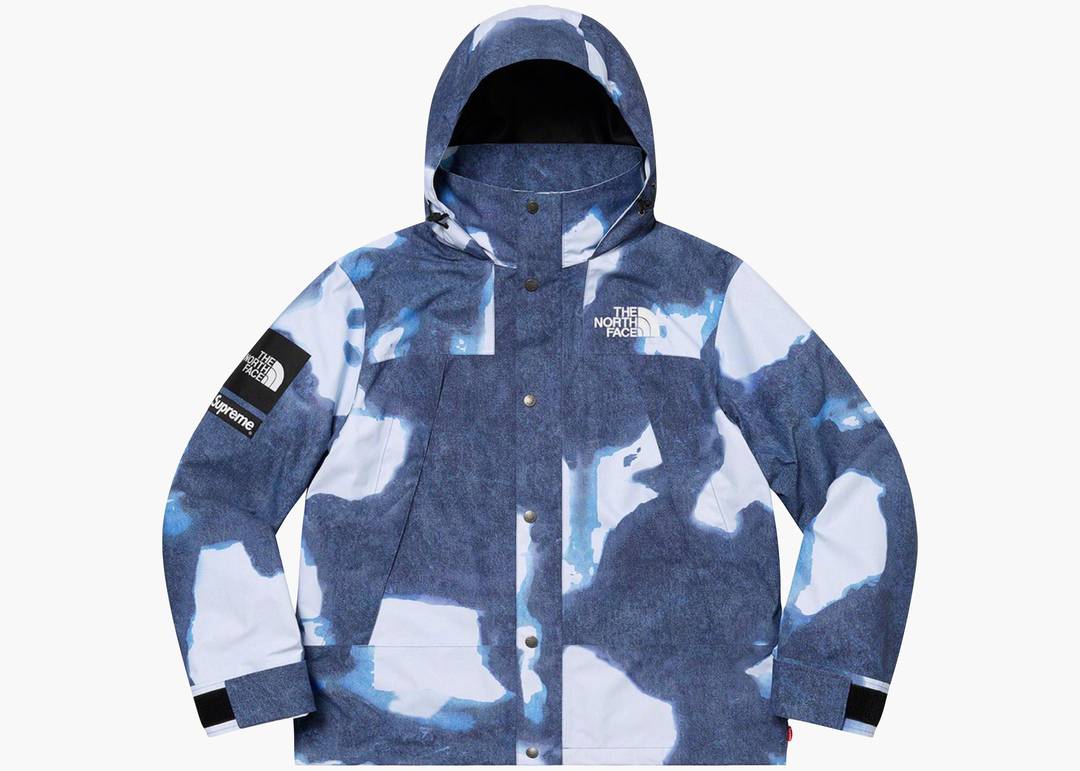 Supreme The North Face Bleached Denim Print Nuptse Jacket Blue