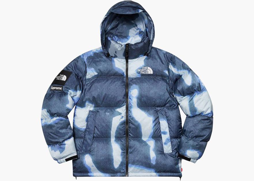 Supreme The North Face Bleached Denim Print Nuptse Jacket Indigo