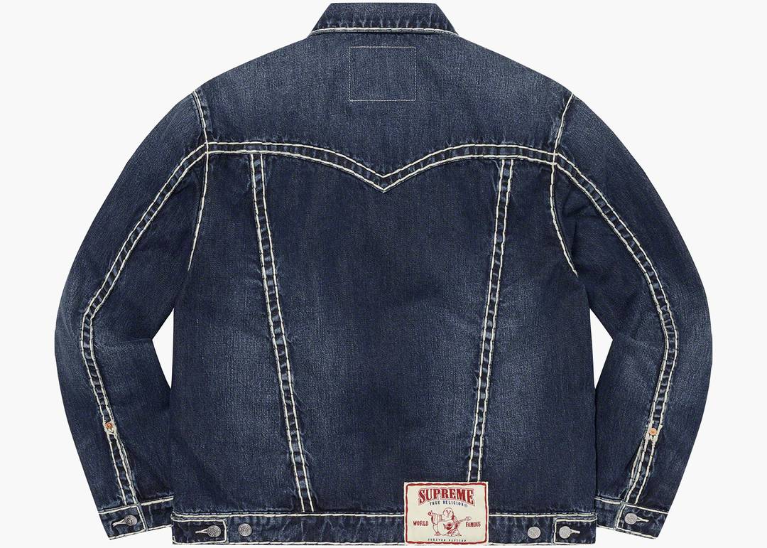 Supreme Script Jacquard Denim Trucker Jacket Washed BlueSupreme Script Jacquard  Denim Trucker Jacket Washed Blue - OFour