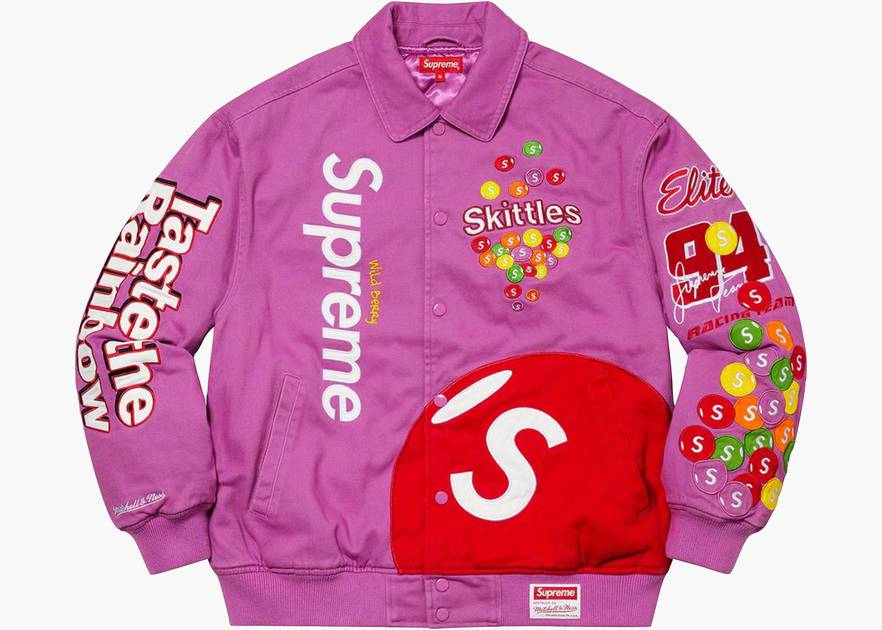Supreme Skittles Mitchell & Ness Varsity Jacket Purple | Hype Clothinga