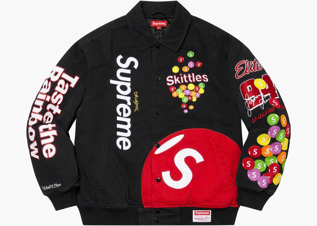 Supreme Skittles Mitchell & Ness Varsity Jacket Black | Hype Clothinga