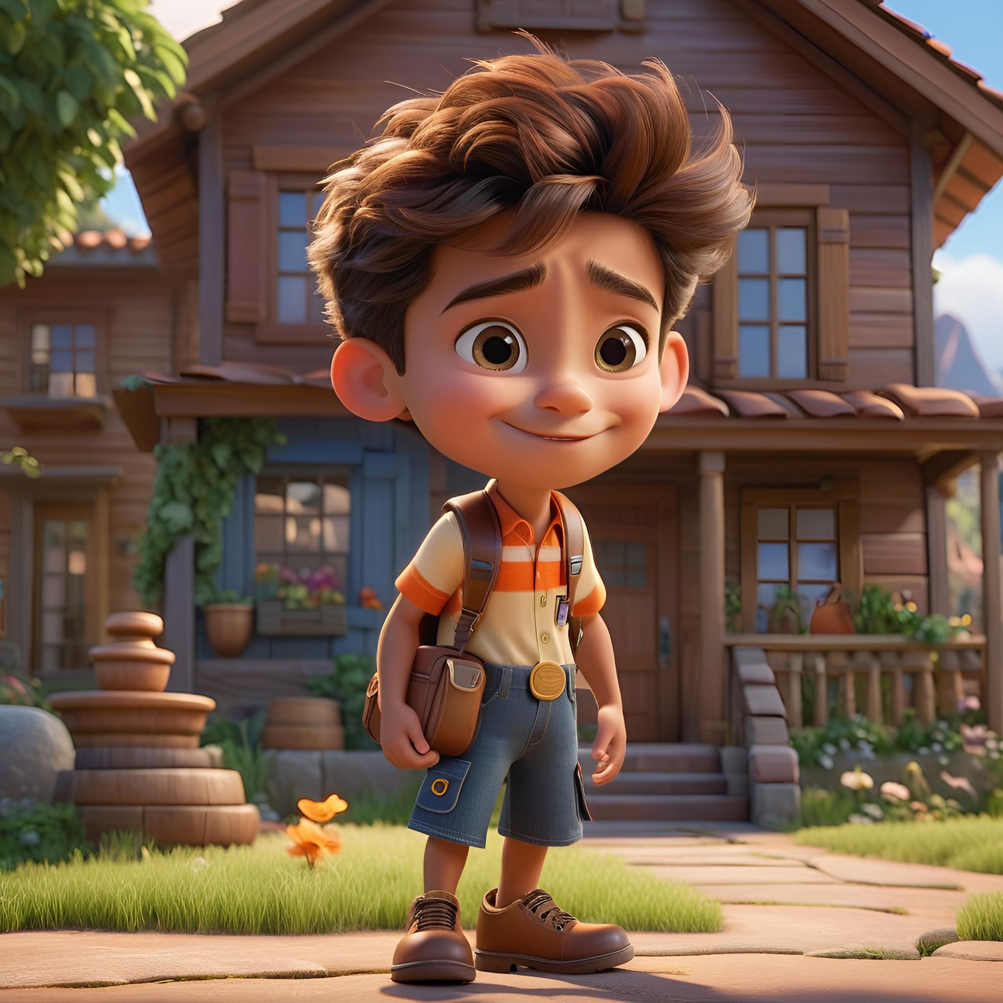 ai cartoon boy stood in front of a house