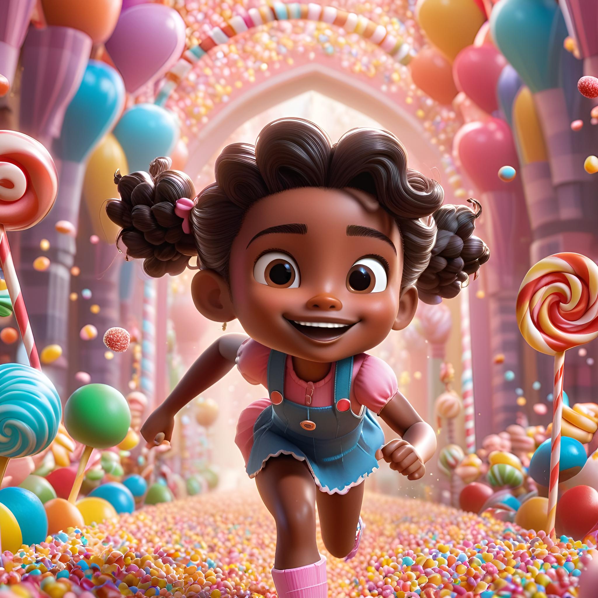 ai cartoon generator little girl running through candy land 