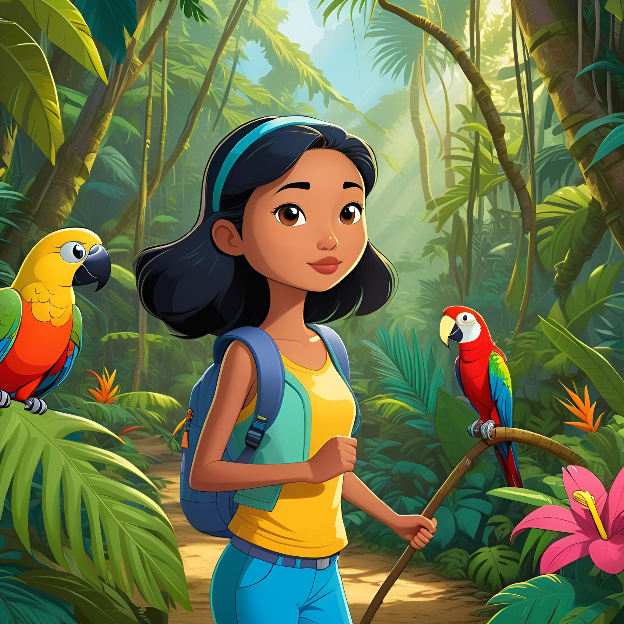 disney art style ai cartoon of girl with a parrot in a forest