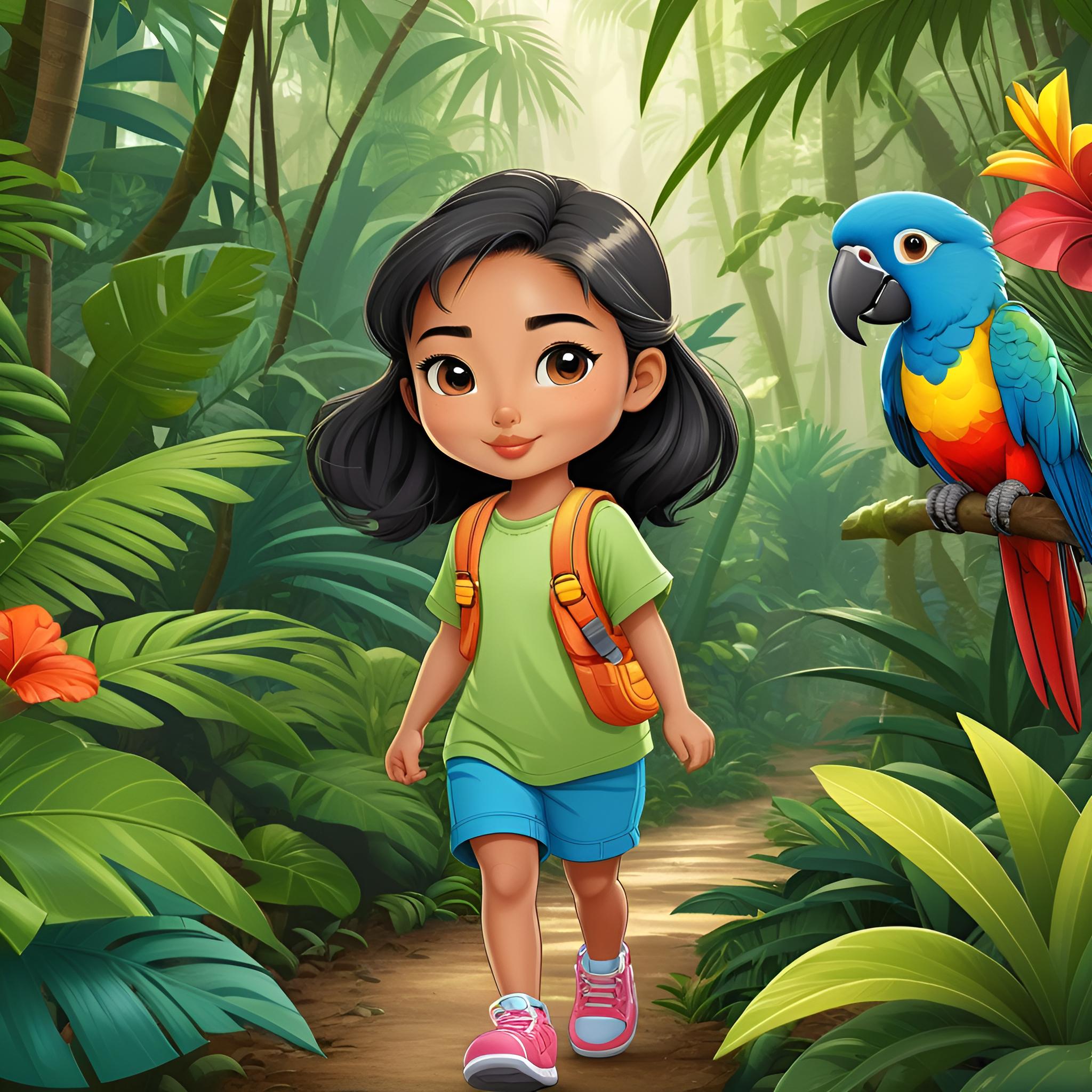 cute ai cartoon of girl with a parrot in a forest