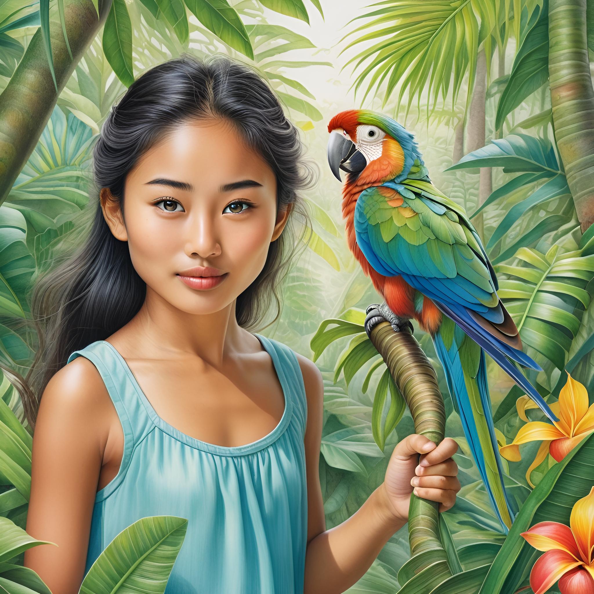 illustration of girl with a parrot in a forest
