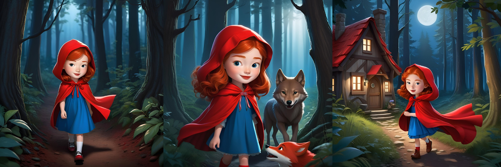 ai cartoon storyboard of little red riding hood 