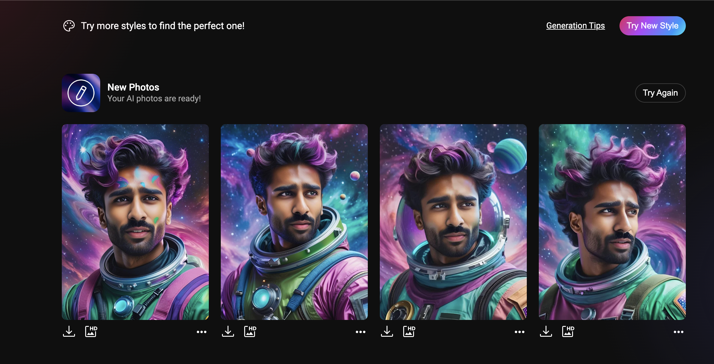 text to image output images of colourful art of astronaut. 