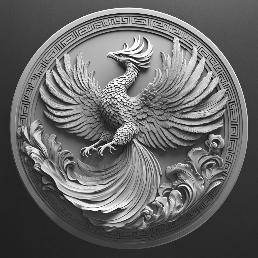 Design a high-contrast grayscale bas relief of  the phoenix with wings spread. The composition should be circular like a coin emblem, designed for CNC routing with balanced lighting to accentuate fine details, sharp edges, and distinct textures. Employ deep shadows and strong highlights to define planes and surfaces clearly.