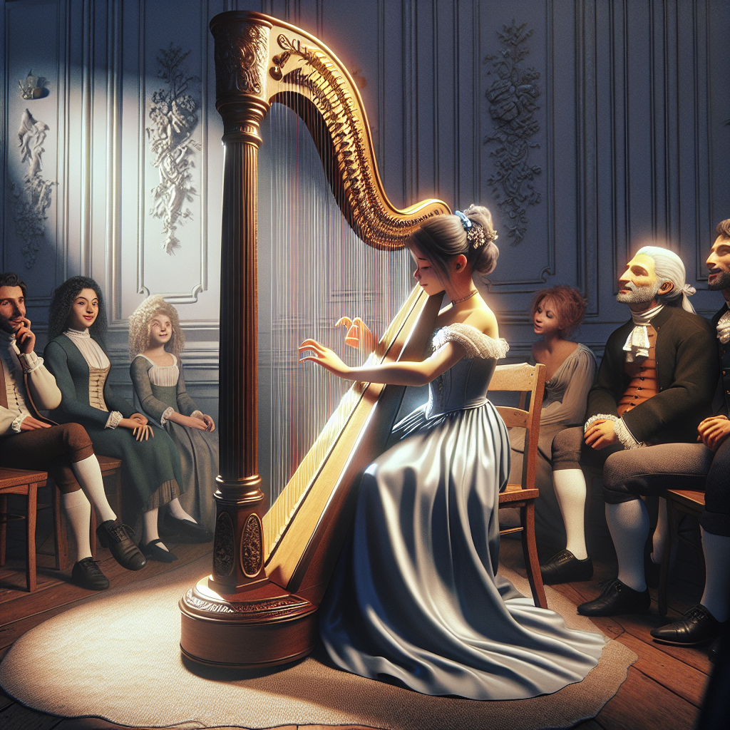 Create an image of a girl playing a harp in the Adam style, surrounded by an attentive audience."