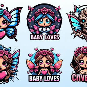 5 different style logos for (Baby loves) logo
Crazy detsiled style fonts ultra detailed
Use butterflies and hearts and stars. And evil character gorgeous female Extremely detailed masterpiece 8k. Fit in slave allotted don't design off grid. Horror themed