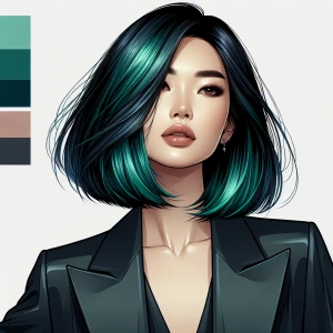 Create an image of a stylish Asian woman with medium-length green hair, her edgy, confident expression highlighted by a simple, modern background. Her hair should have subtle variations in tone to emphasize its vibrancy, and her sleek outfit should complement her bold hairstyle, giving her an effortlessly cool and modern look