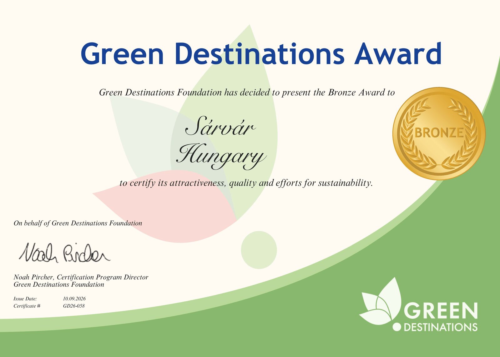 Sárvár Green Destinations bronz minősítésének elismerő oklevele