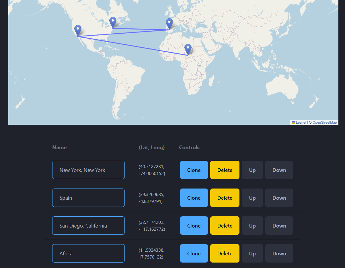 TravelMap - List with names