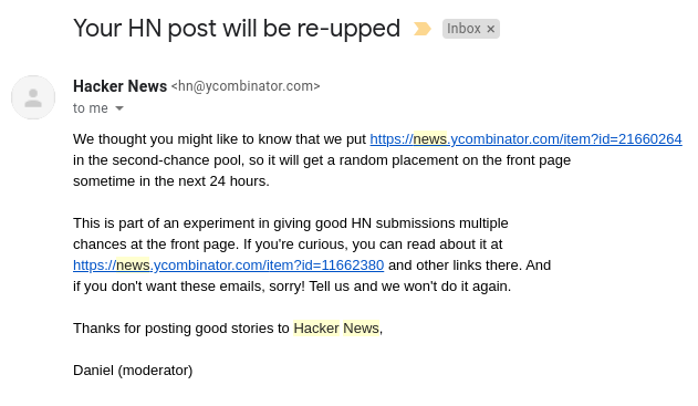 email from Hacker News moderator