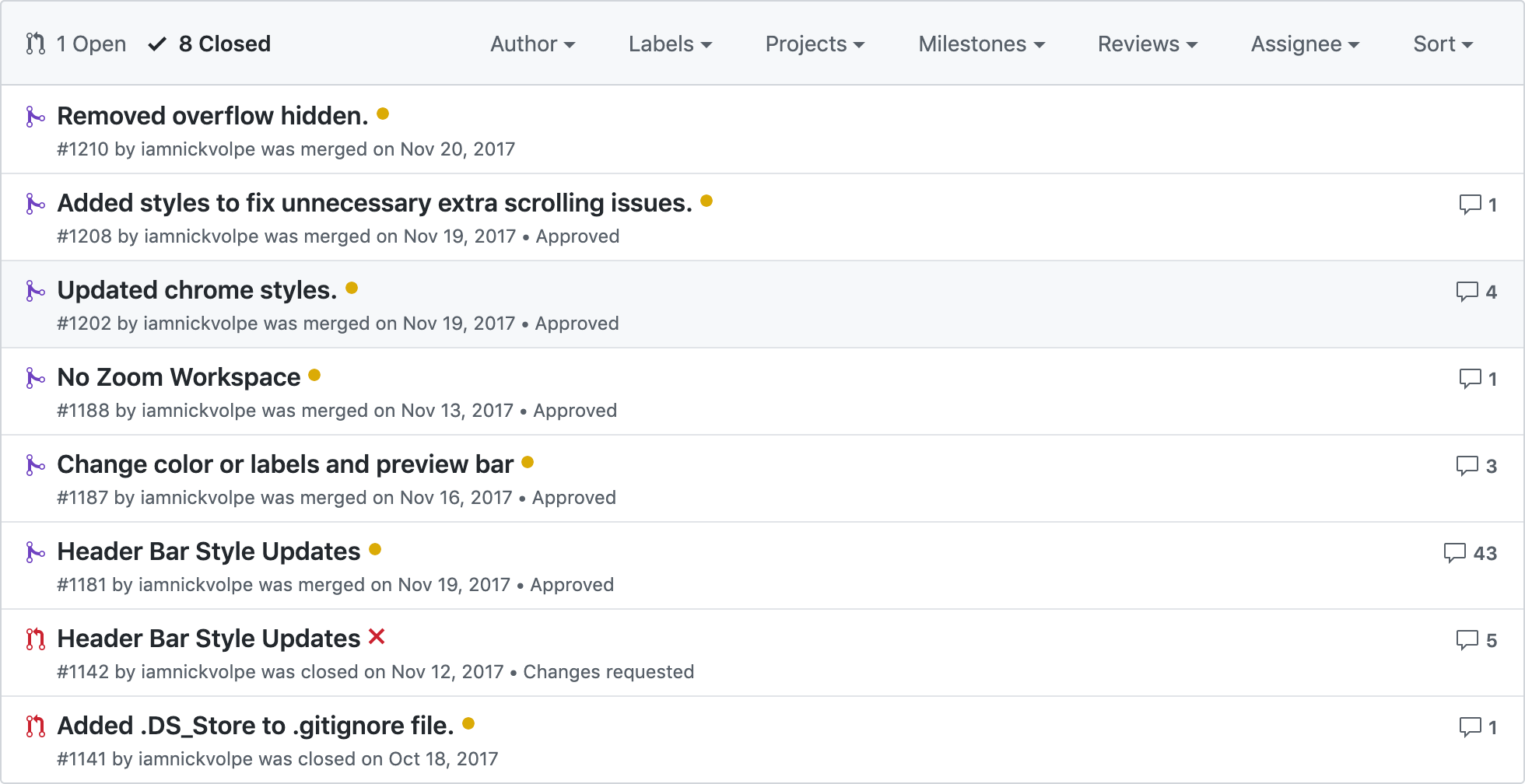 Screenshot of my Github pull requests for Popcode.