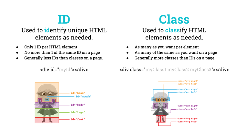 Slide explaining the difference between ID and class.