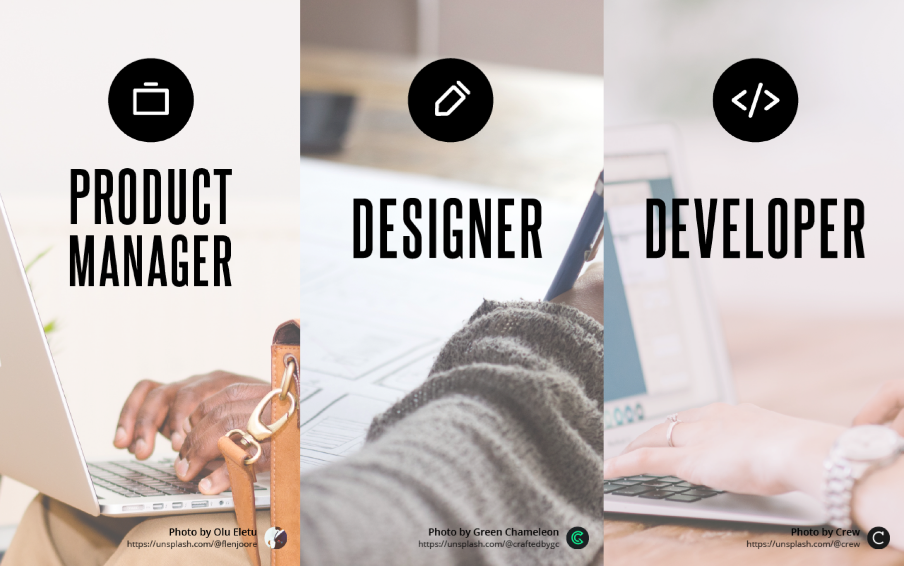 Slide displaying the difference between product managers, designers, and developers.