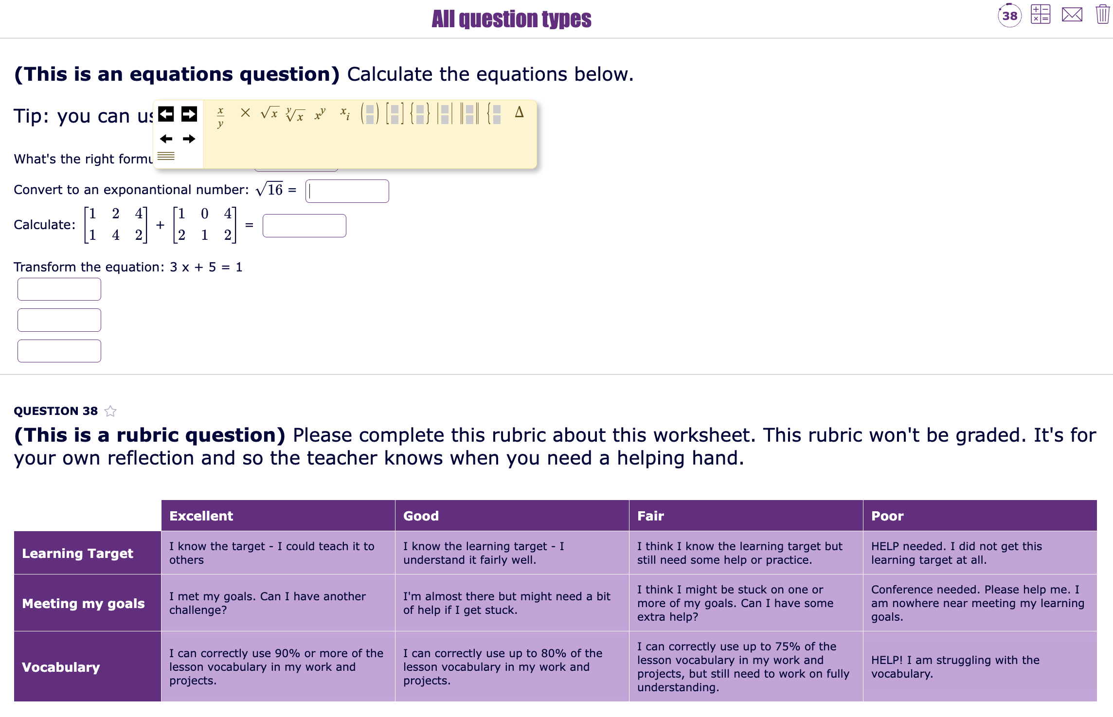example worksheet showcasing all possible BookWidgets question types