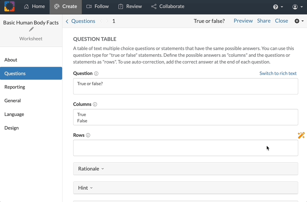 Creating True or False questions with the AI prototype