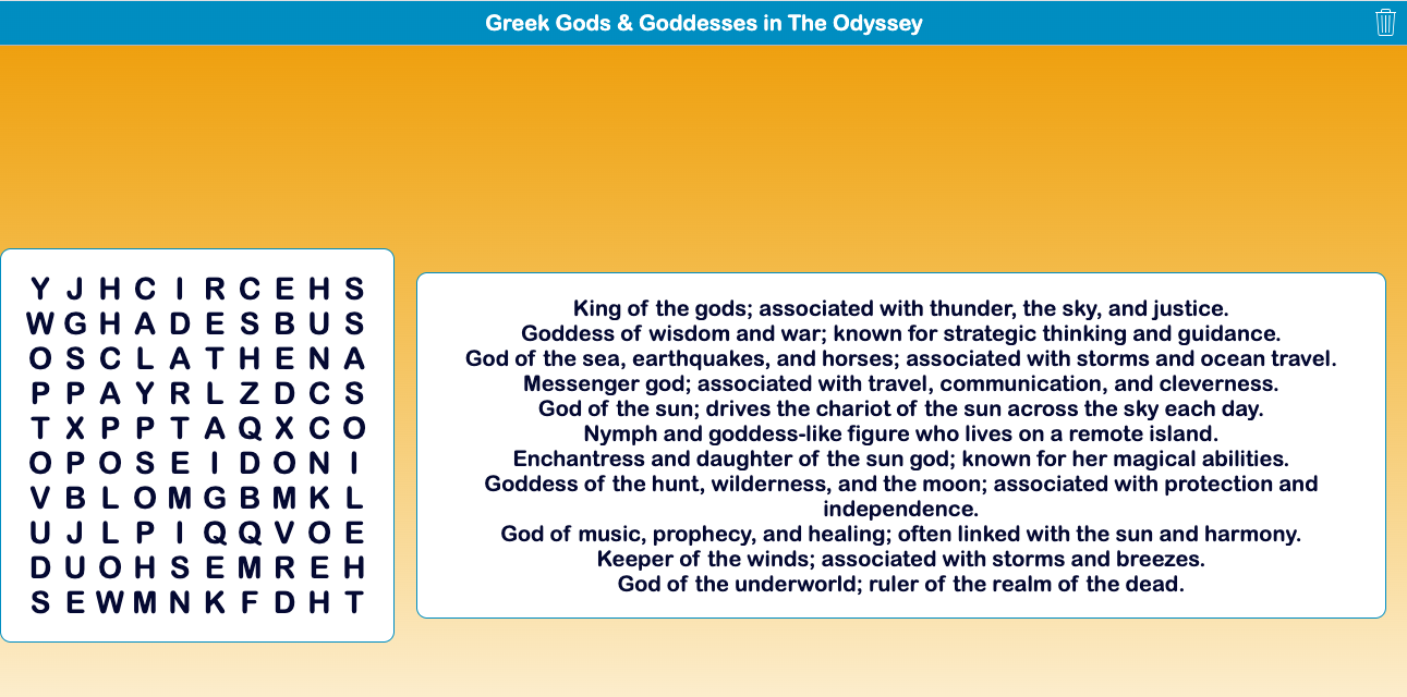 Greek gods and goddesses word search for teaching The Odyssey