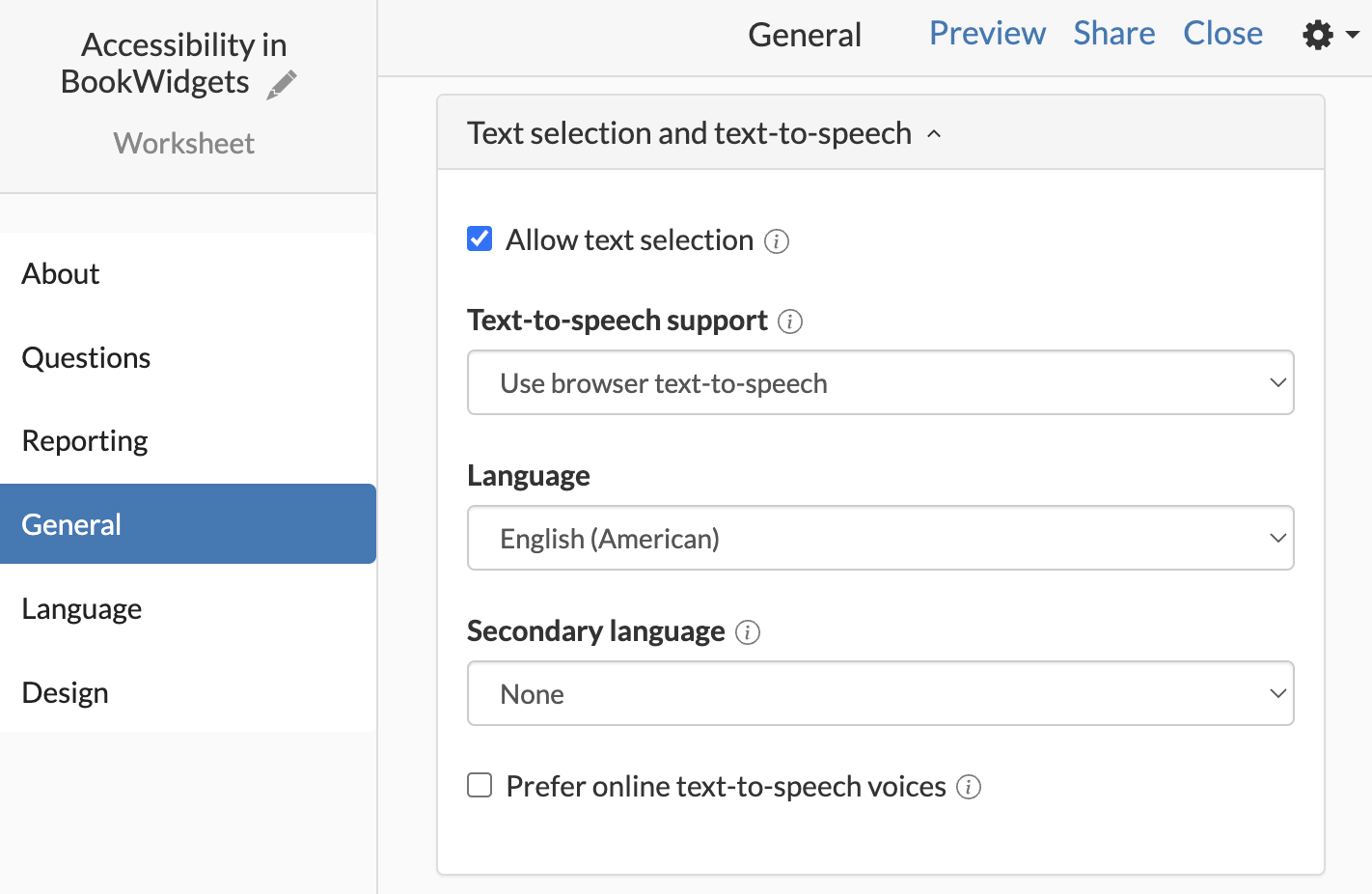 BookWidgets Accessibility Text to speech setting