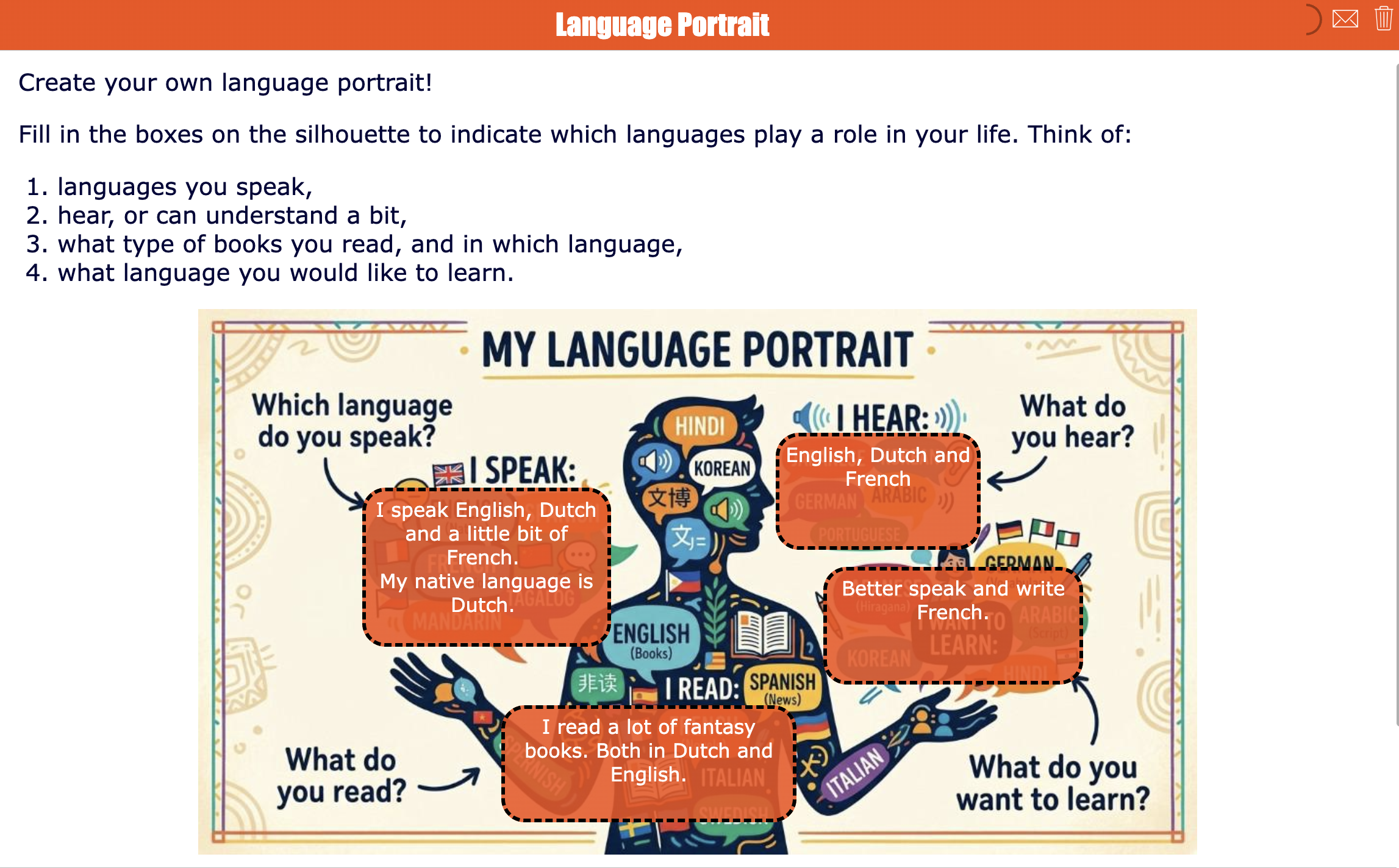 ready-to-use BookWidgets language portrait activity for middle school students