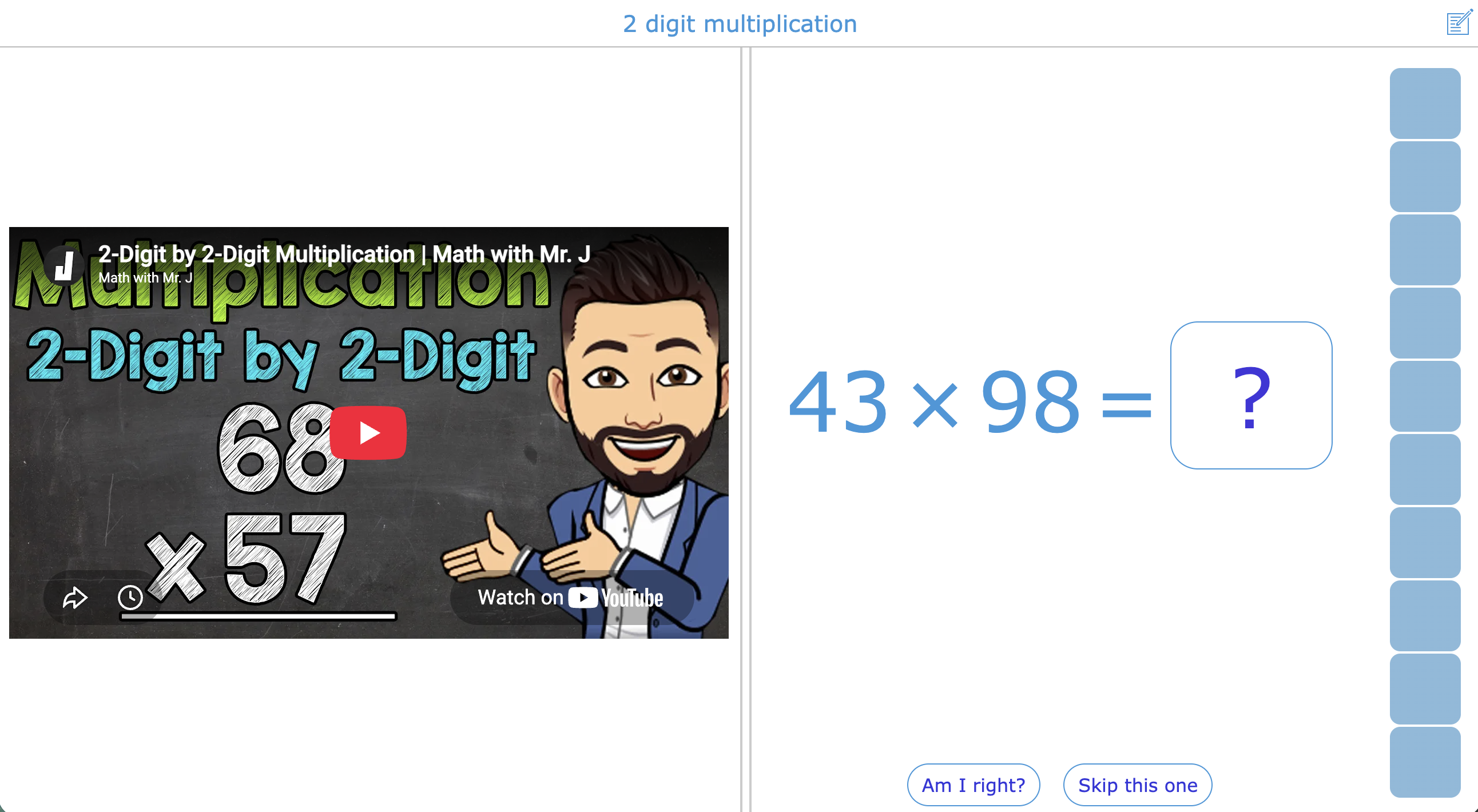 Review two-digit multiplication with video support