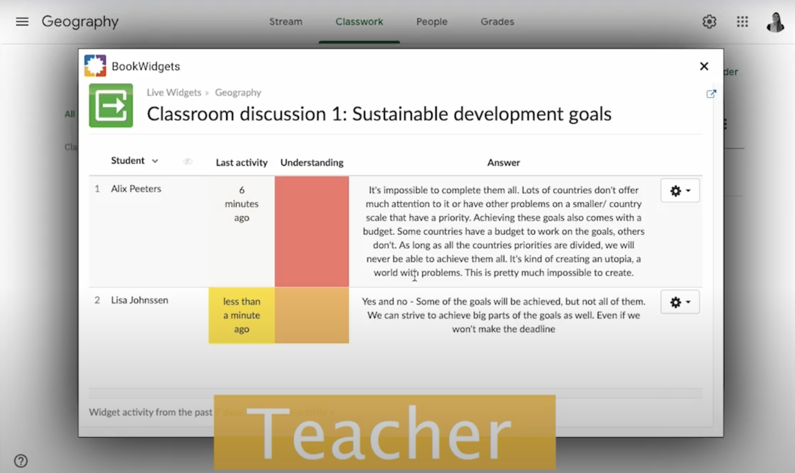 Live widgets dashboard in Google Classroom