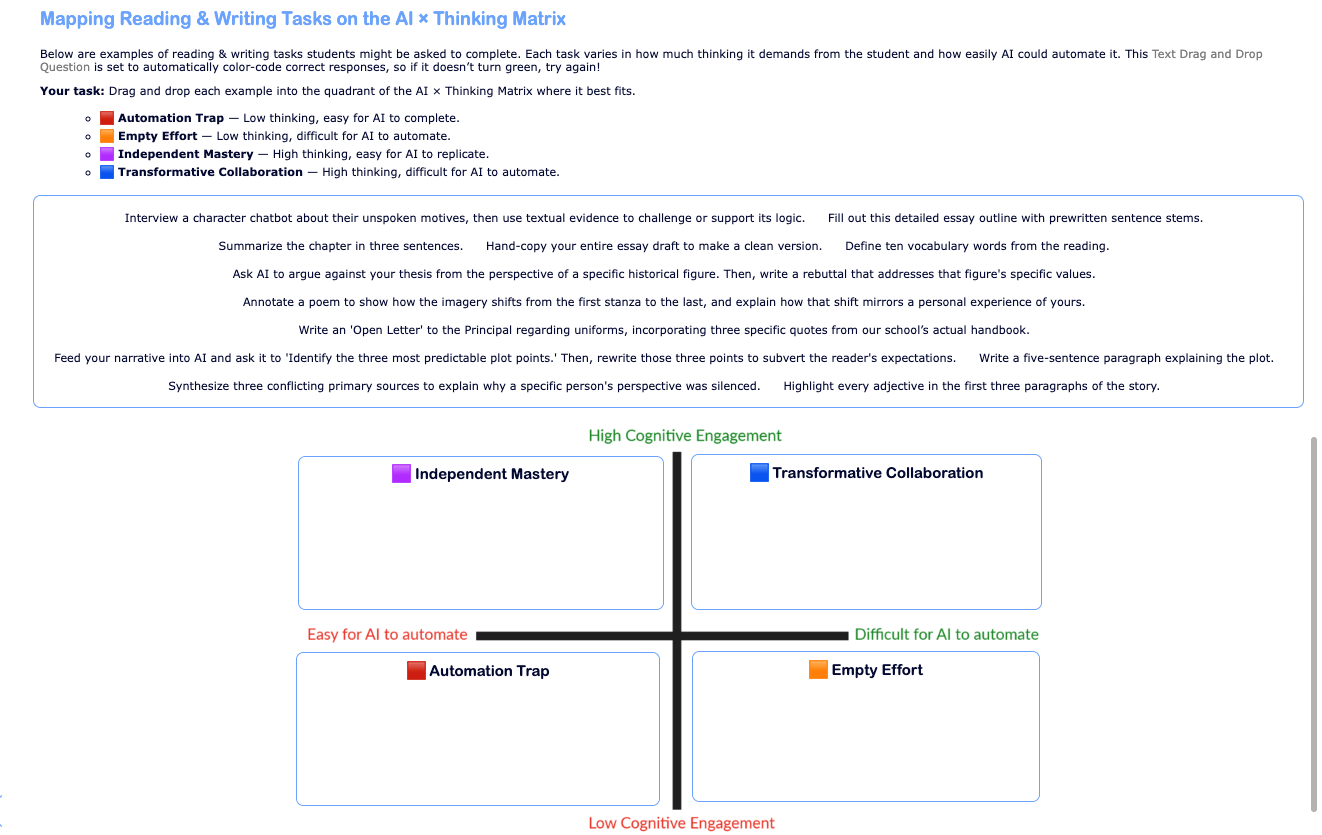 Mapping Reading and Writing Tasks on the AI x Thinking Matrix