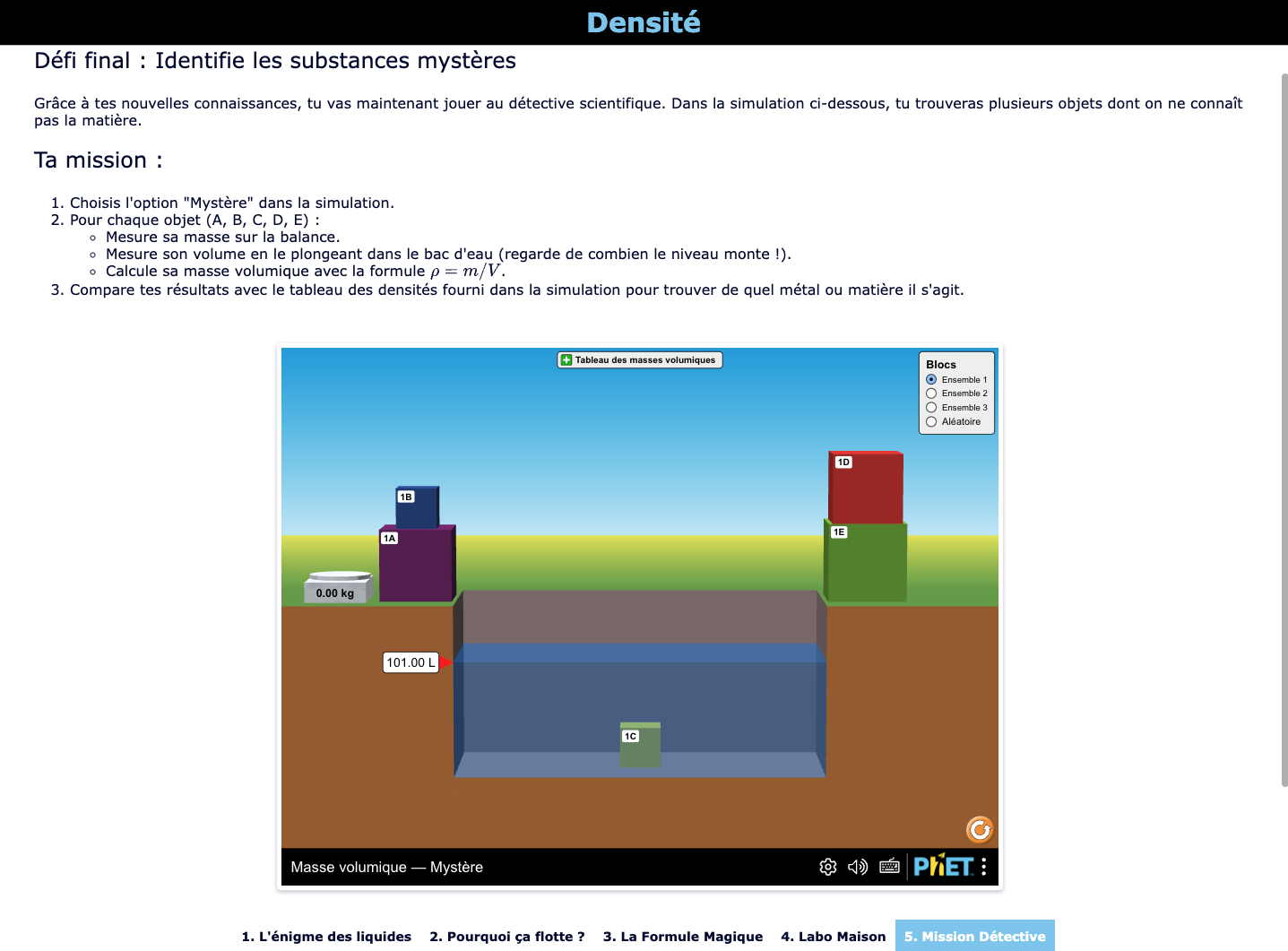 Plan de leçon avec simulation scientifique PhET la mesure de la densité