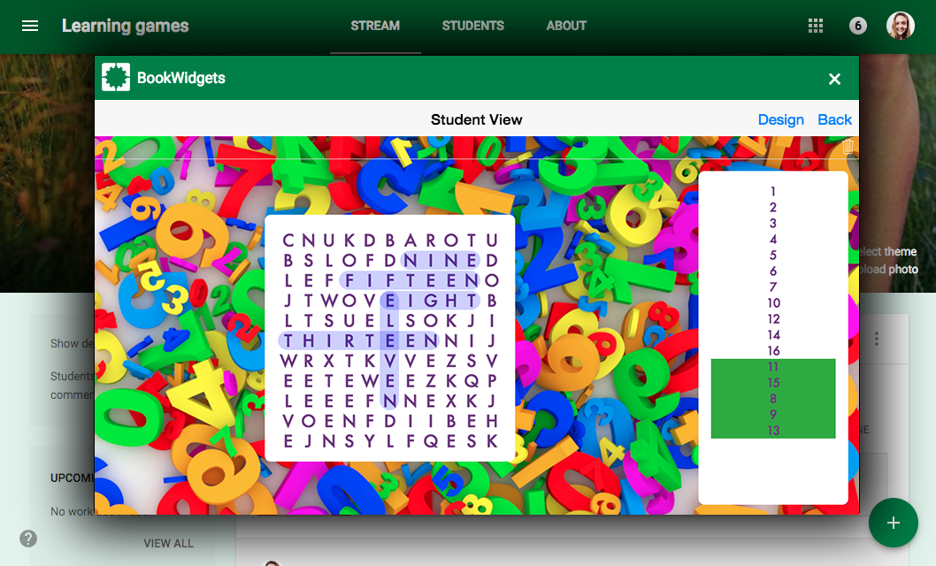 learning game Wordsearch in Google Classroom