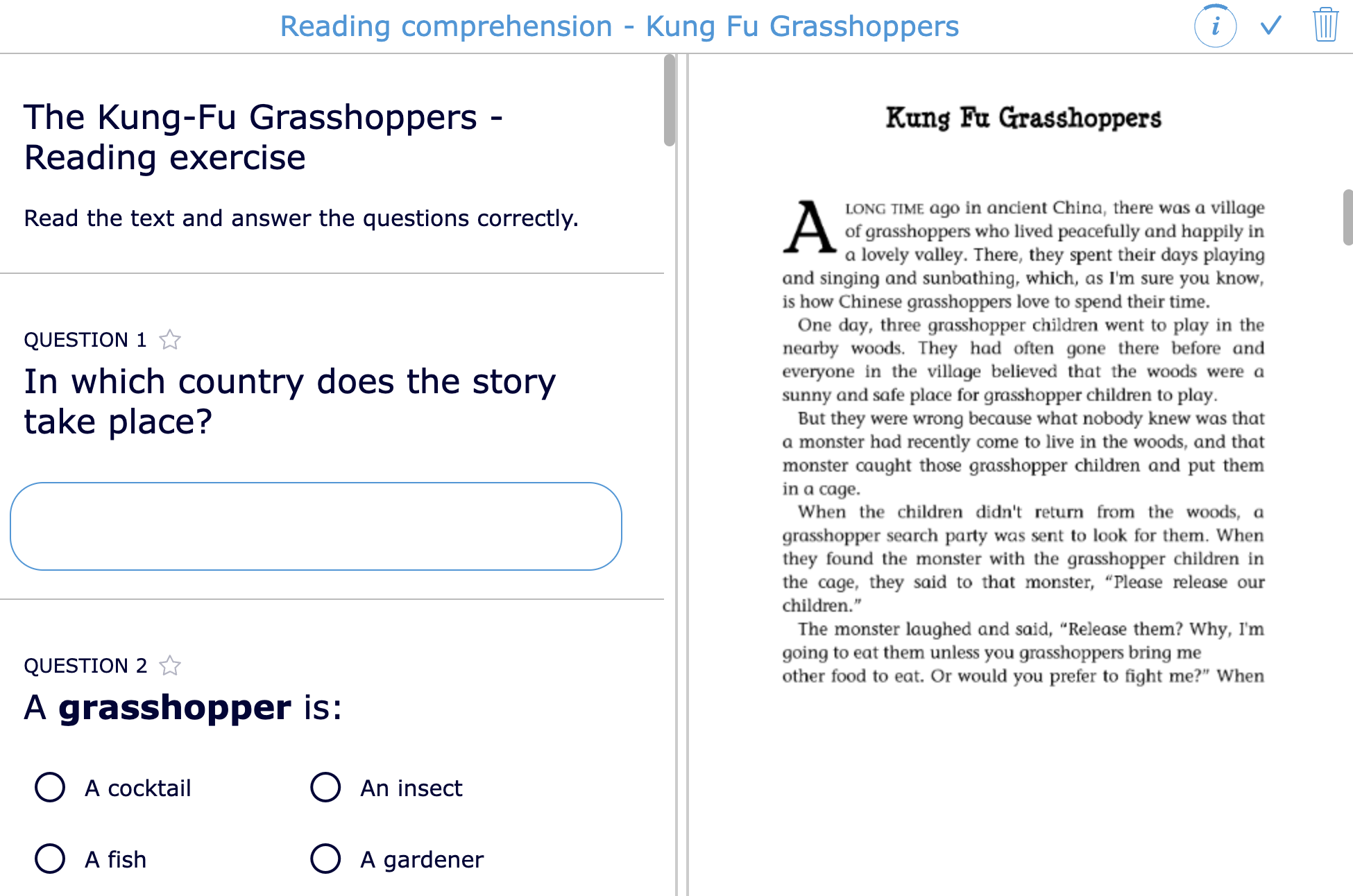 Diagnostic pre-assessment test ELL reading comprehension BookWidgets