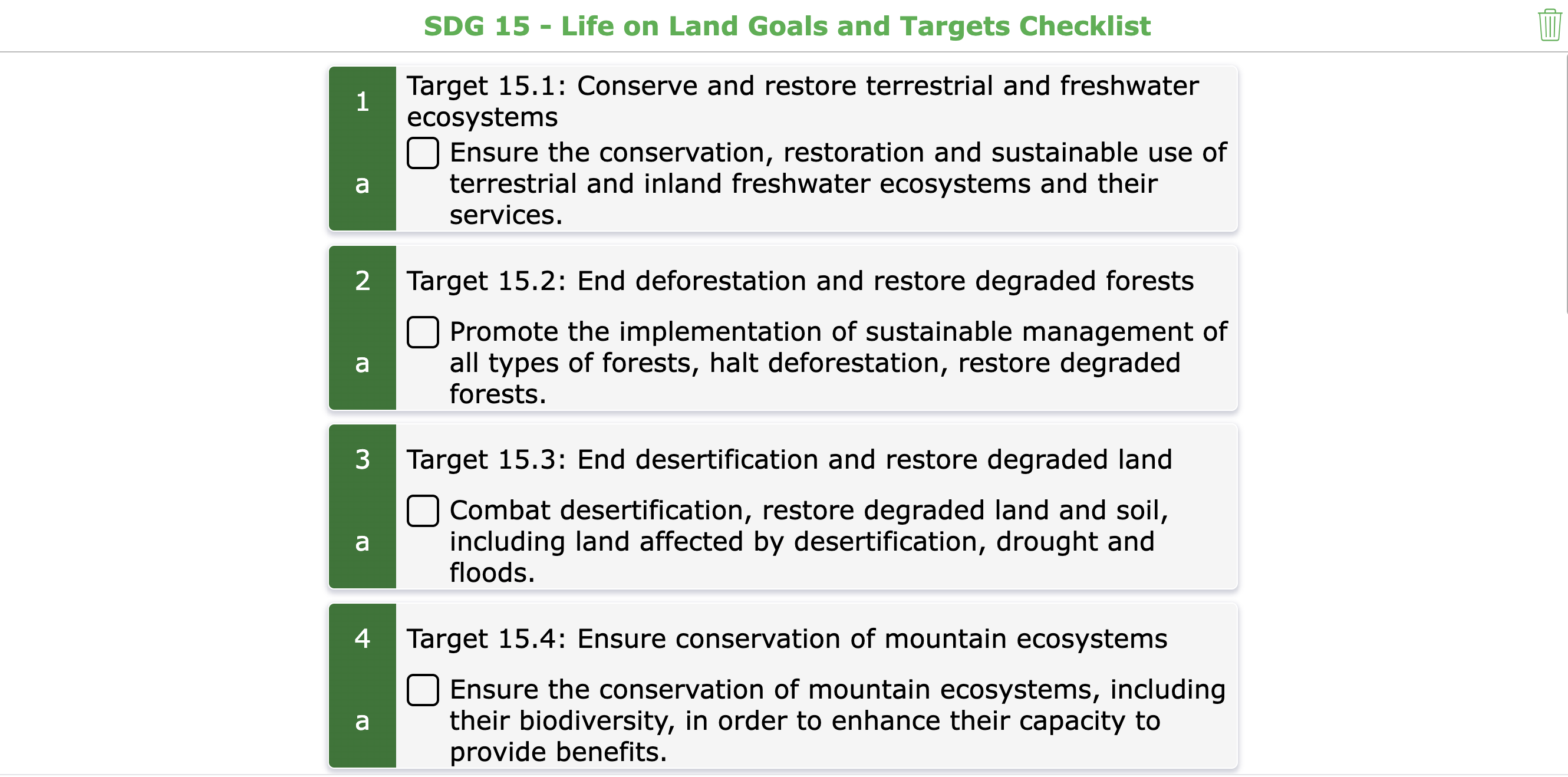 checklist with all the themes and target goals set for SDG 15