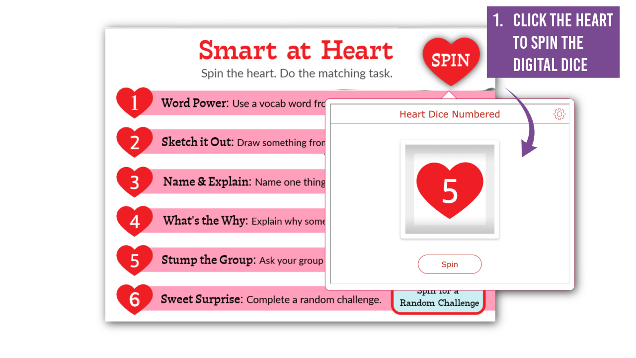 Students spinning digital dice in the Smart at Heart Valentine’s Day classroom review game