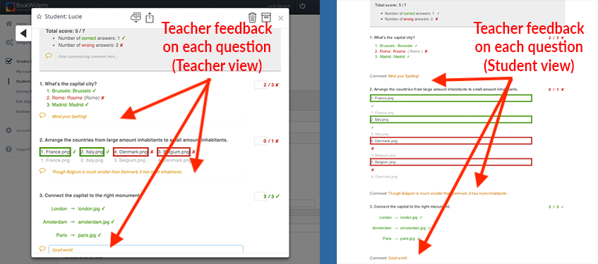 Teacher feedback per question in BookWidgets