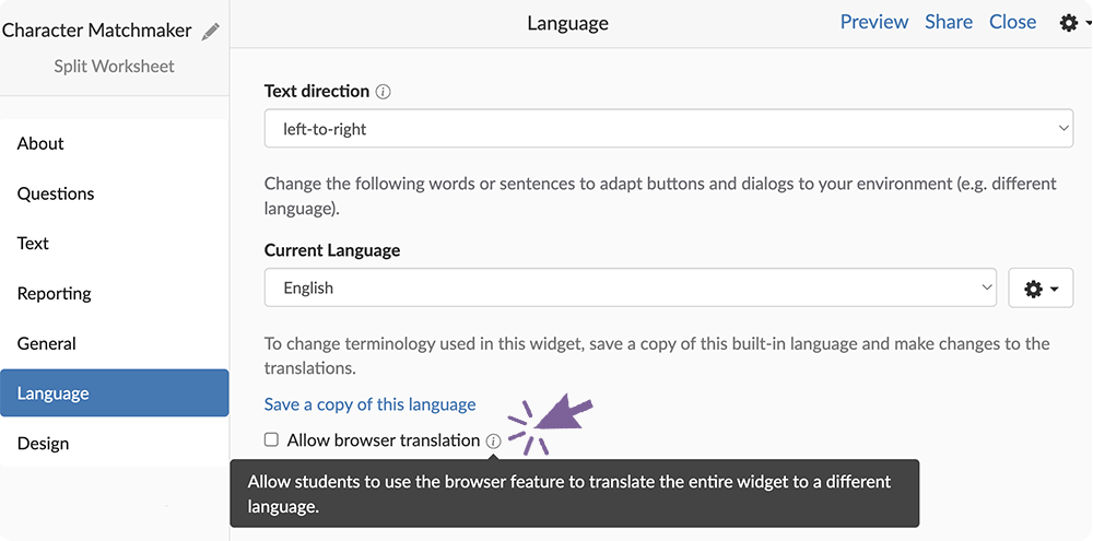 ‘Allow browser translation’ option in BookWidgets