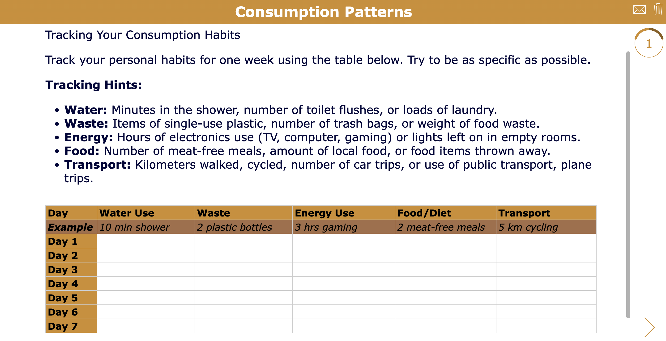 Consumption Tracker lesson plan SDG 12 - Worksheet - high school students