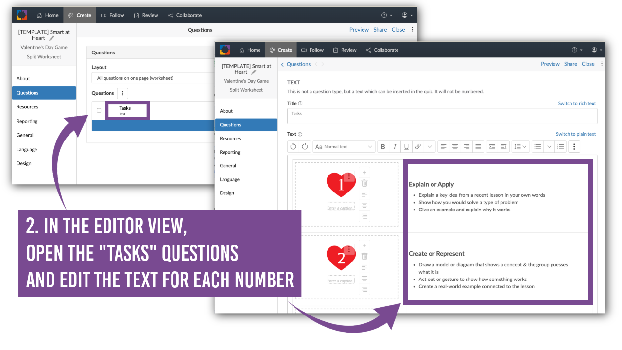 Editing task prompts in the Smart at Heart Valentine’s Day digital dice game template