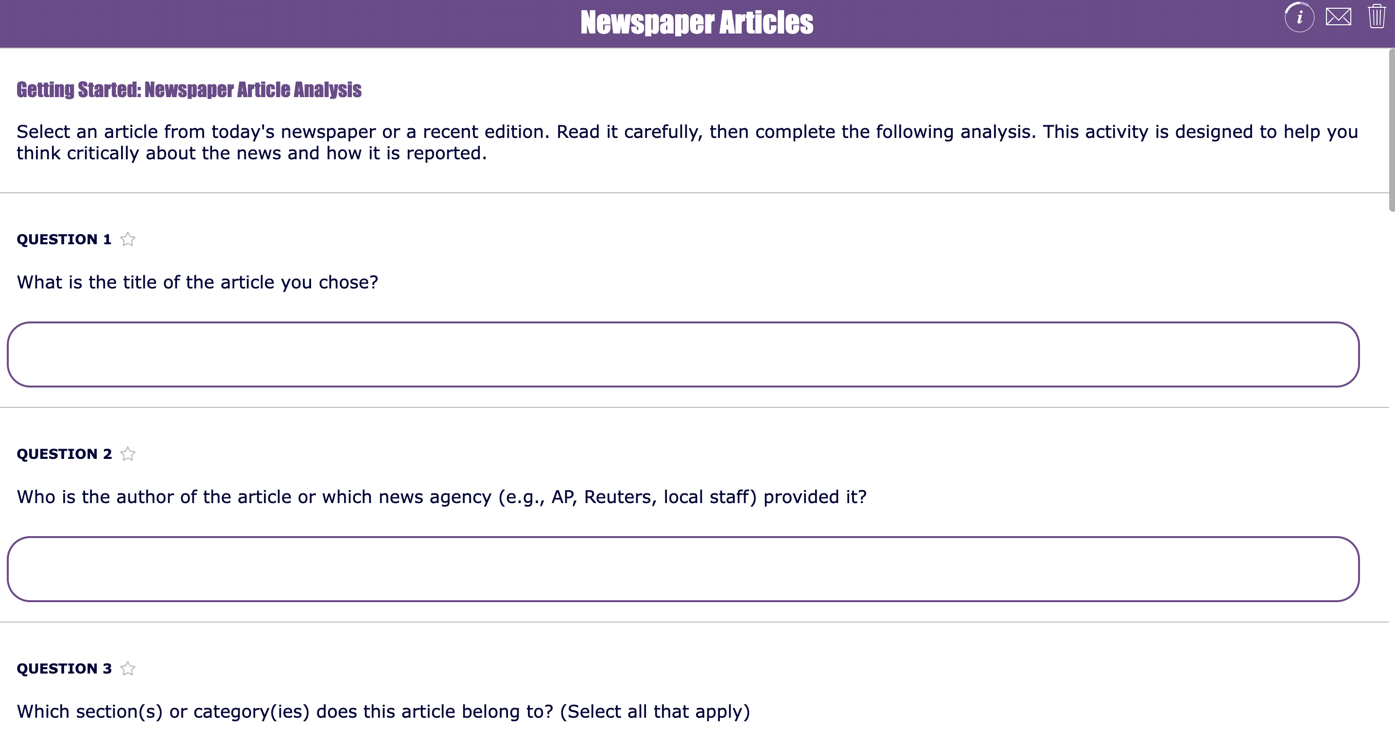 Newspaper and magazine article reading activity with 5W and critical thinking questions