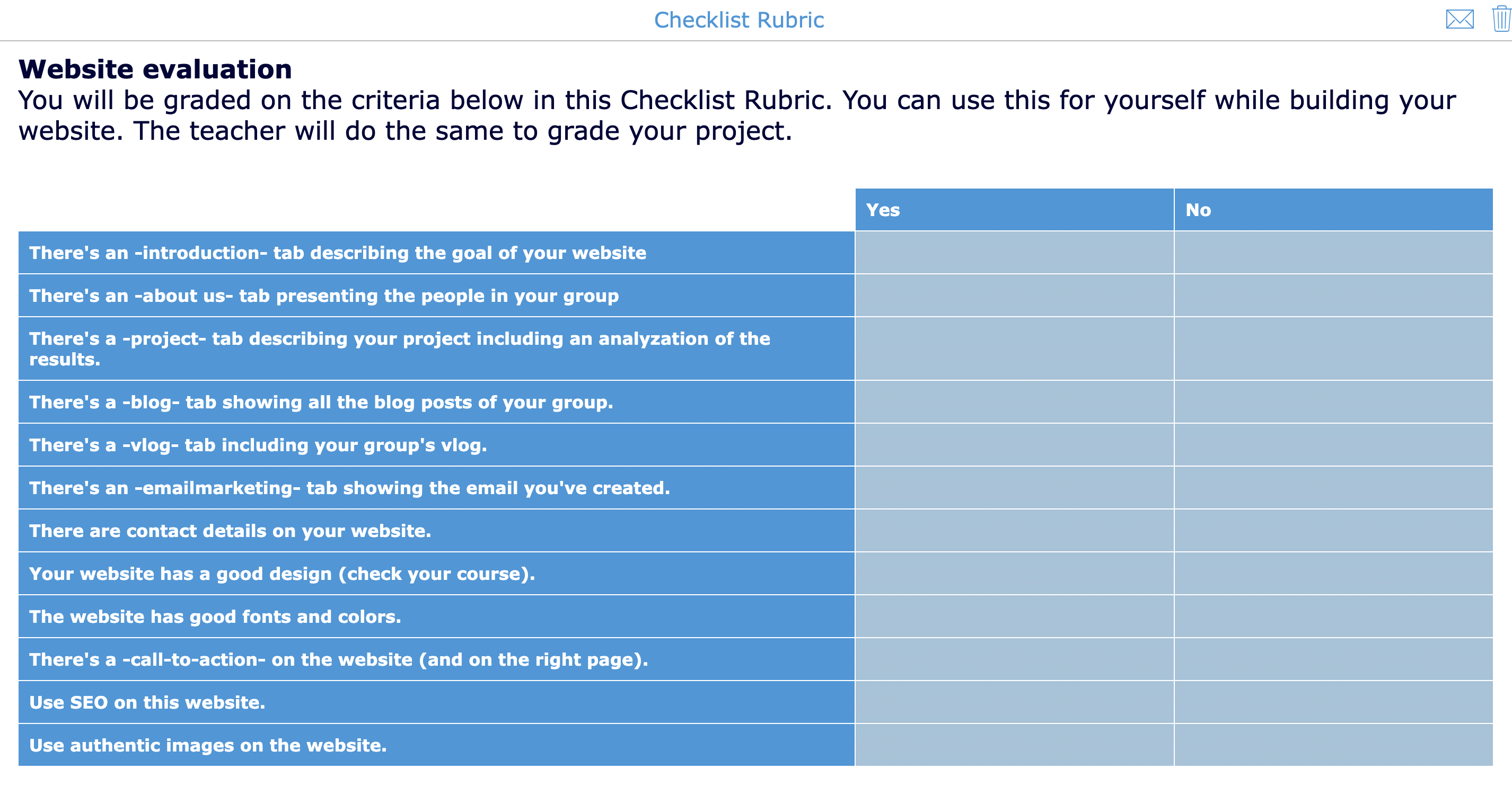 Example of a digital checklist rubric