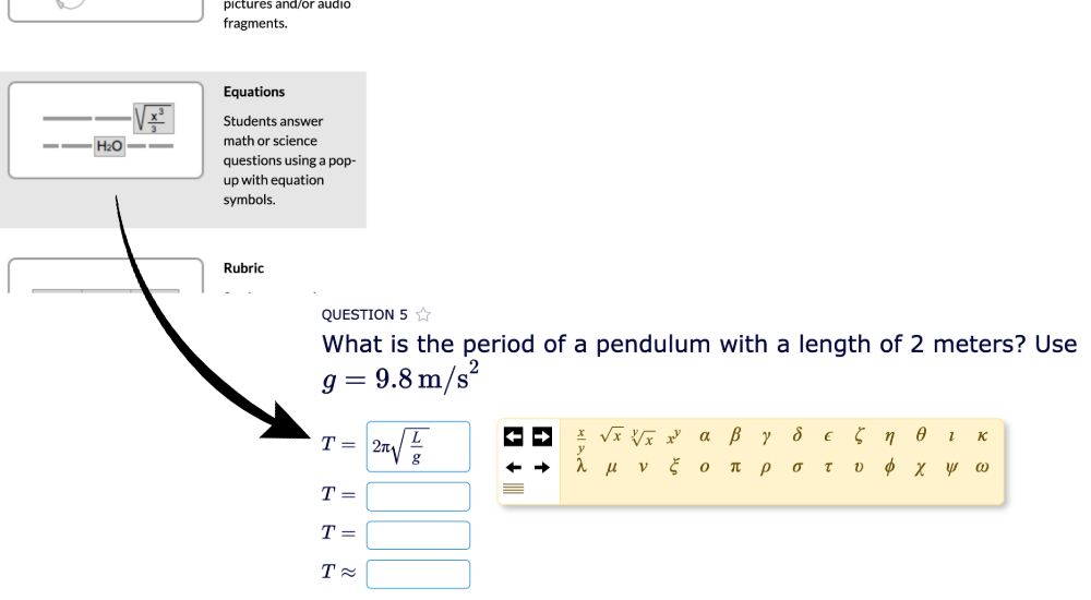 STEM physics digital activity - Equations question type