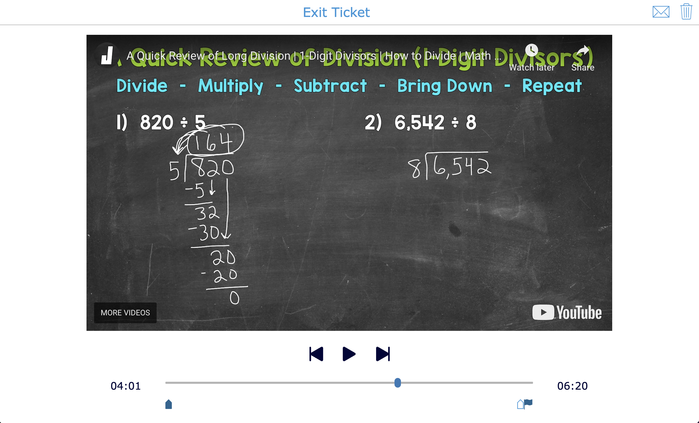 Division lesson video quiz - exit ticket 