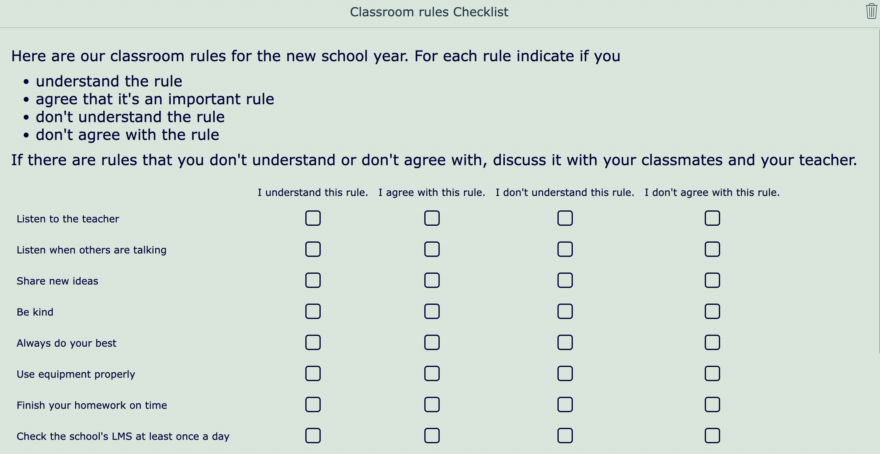 Classroom rules checklist